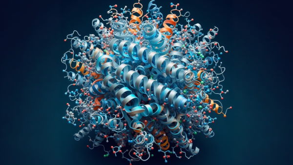 یک مدل ربان پروتئین که ساختار مولکول‌های شیمیایی اطراف آن قرار دارد - تغییرات پس از ترجمه پروتئین 