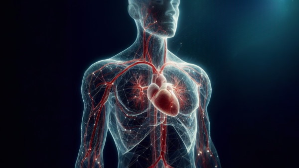 مدل بدن انسان که قلب و رگ ها در آن مشخص شده است 