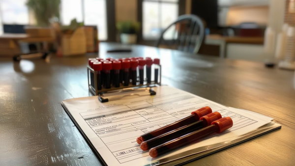 جواب آزمایش خون و چند لوله تست خون روی یک میز 