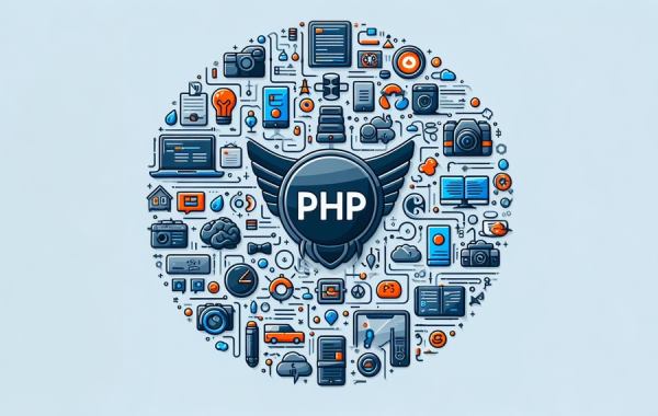 لوگو زبان PHP با کاربردهای این زبان برنامه نویسی در حوزه‌های مختلف احاطه شده است - توابع PHP