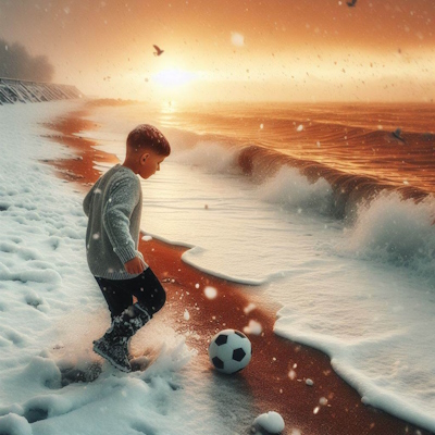 پسر بچه ای در حال فوتبال بازی کردن در ساحلی پوشیده از برف
