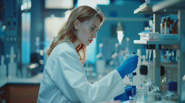 زنی با لباس سفید در حال کار در آزمایشگاه زیست‌شناسی