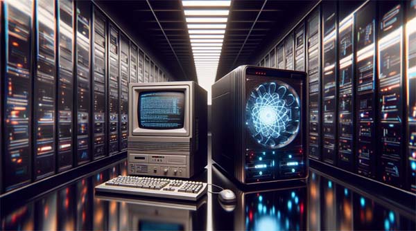 کامپیوتر معمولی و قدیمی در کنار کامپیوتر کوانتومی قرار گرفته است