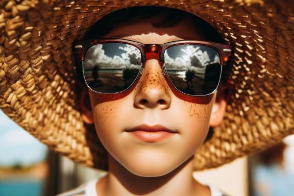 تصویر نزدیک صورت پسری با عینک آفتابی و کلاه حصیری - مراقبت پوست در برابر آفتاب 