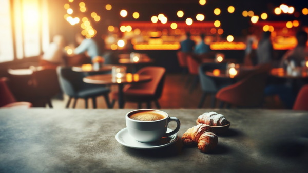 تصویر یک فنجان قهوه کنار دو نان کروسان