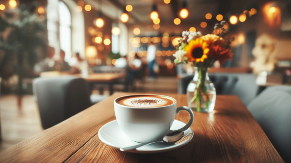 تصویر یک فنجان قهوه که روی میز کافی‌شاپی قرار دارد.