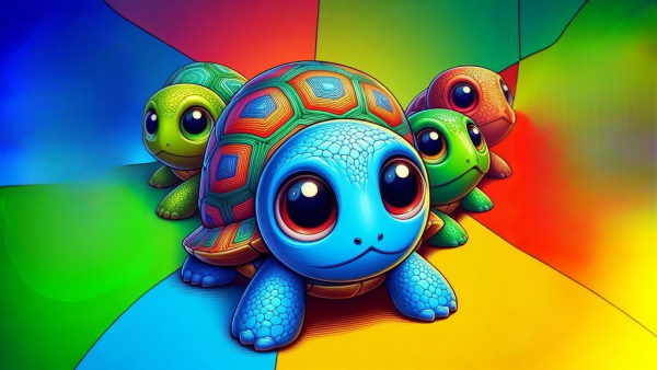 ۴ بچه لاکپشت رنگی در دنیایی رنگی کنار هم قرار دارند.