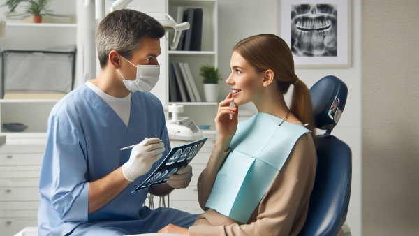 تصویر یک دندان‌پزشک که در حال صحبت با بیمارش است.