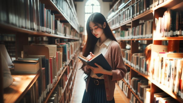 تصویر دختری در حال کتاب خواندن در کتابخانه