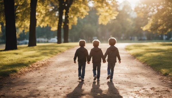 تصویر سه پسربچه در حال قدم زدن در پارک