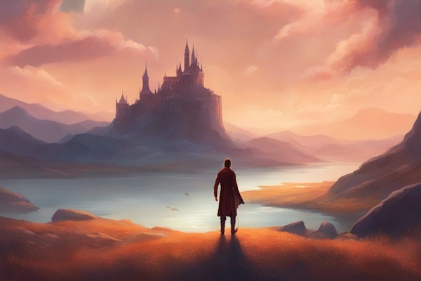 نمایی از یک انیمیشن و مردی که رو به روی قلعه ایستاده است.