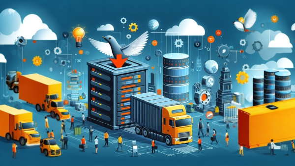 تصویری فانتزی از ساختمان‌های داده و کامیون‌های حمل و نقل که داده‌ها را حمل می‌کنند.