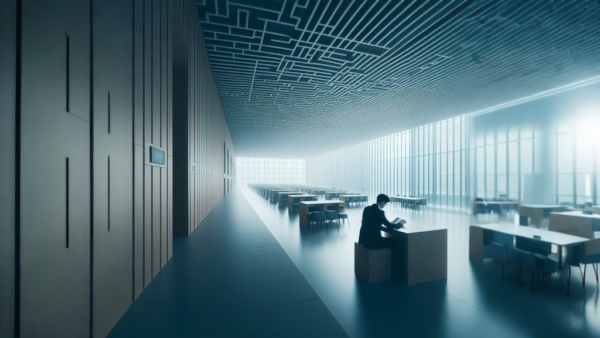 یک مرد در حال مطالعه در یک کتابخانه خلوت و ساکت.