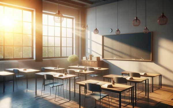 تصویری ساده و حداقلی از فضای آرام یک کلاس خالی با میزهای به‌درستی مرتب شده، تخته‌سیاه تمیز و نور خورشید که از پنجره‌ها می‌تابد.