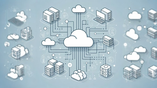 تصویری ساده از ادغام شبکه‌های کامپیوتری با محاسبات ابری، با نمایش نمادهای ابر، سرورها و اتصالات شبکه به منظور انتقال ایده ادغام بی‌وقفه خدمات ابری در زیرساخت شبکه.