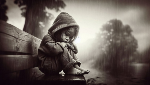 دختر بچه غمگین زیر باران