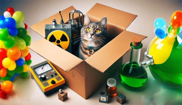 گربه ای به همراه علامت خطر برای ماده رادیواکتیو داخل جعبه ای نشسته است - گربه شرودینگر