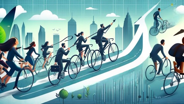 گروهی سوار دوچرخه در حال حرکت به سمت هدف مشترک - تیم سازی در کسب و کار