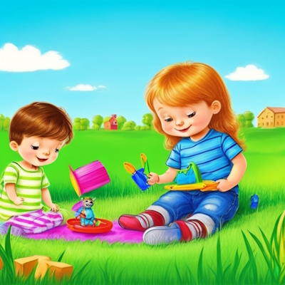 تصویری از ۲ کودک بساز که روی چمن نشسته اند و در حال بازی با اسباب بازی خود هستند.
