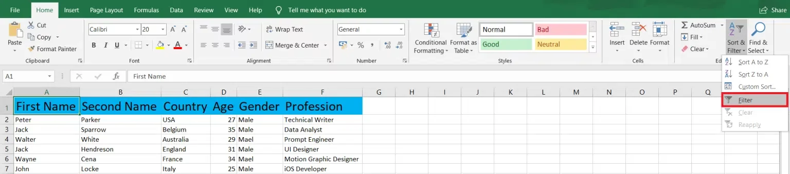 جدولی از داده ها در اکسل و انتخاب فیلتر