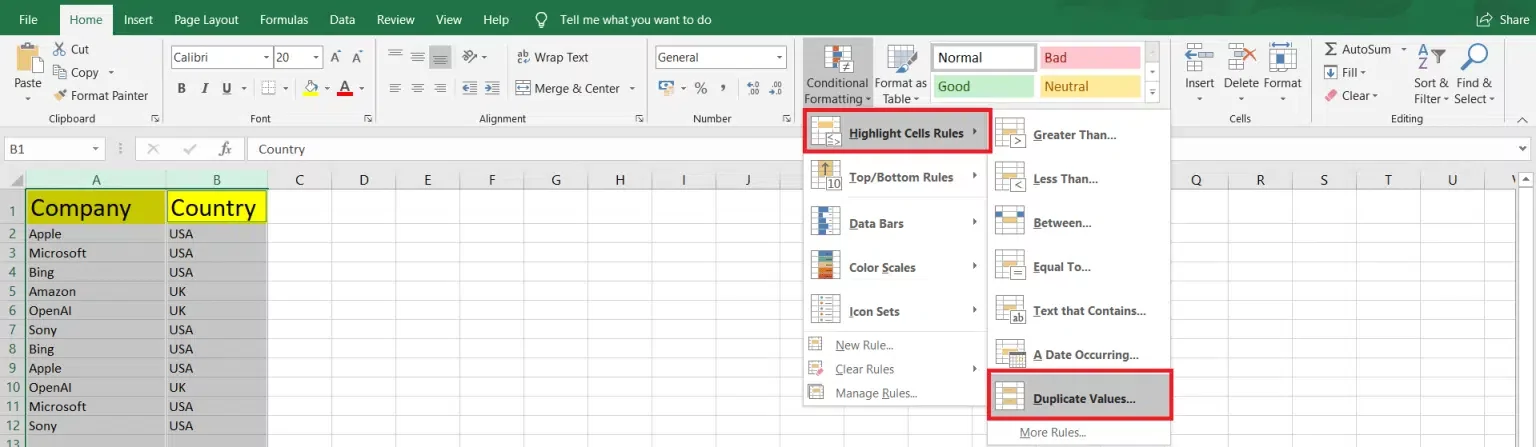 انتخاب highlight data و duplicate values در conditional formatting برای مغایرت گیری در اکسل