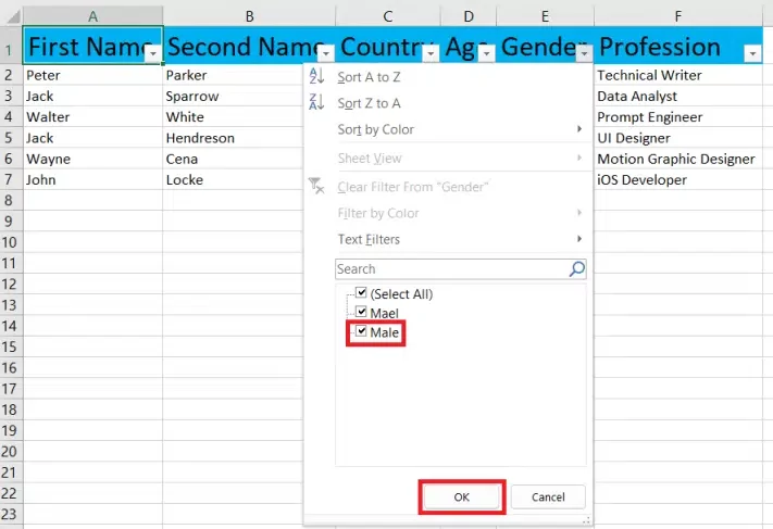 اعمال تغییرات روی منوی فیلتر سرستون و کلیک بر روی ok