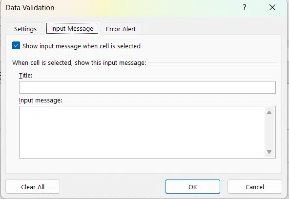 وارد کردن پیام در پنجره Data validation در اکسل