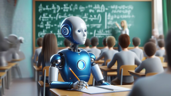 ربات هوش مصنوعی در کلاس درس نشسته است و مشغول یادگیری است - انواع روش های یادگیری ماشین