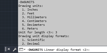 گزینه های انتخاب واحد و تعیین نحوه نمایش واحد در DWGUNITS در نوار خط فرمان اتوکد