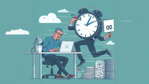 یک ساعت پا دار در کنار مردی که با کامپیوتر کار می‌کند می‌دود