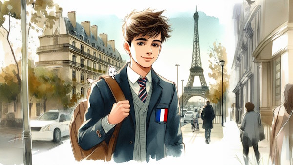 دانش آموز پسر در مقابل برج ایفل فرانسه