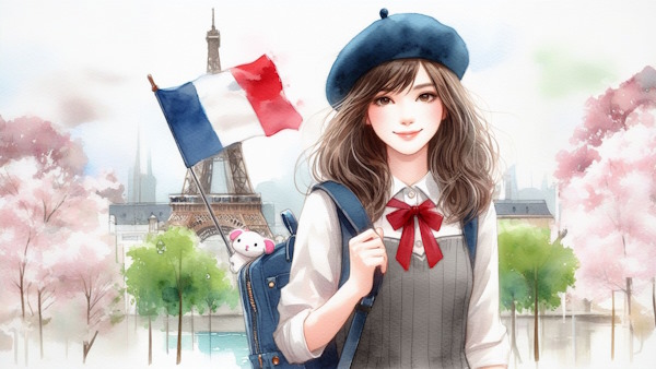 دانش آموز دختری در مقابل برج ایفل فرانسه