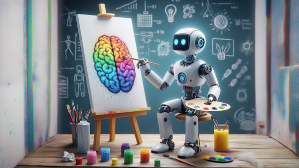 ربات هوش مصنوعی در حال نقاشی کشیدن با قلمو و رنگ است