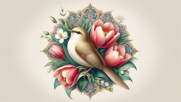 پرنده با پس زمینه گل و نقوش سنتی ایرانی