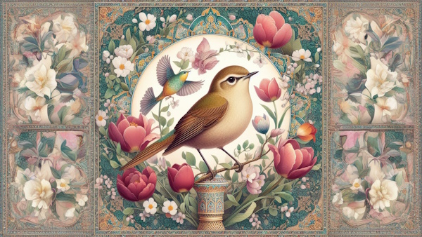 یک پرنده با گل و نقوش سنتی ایرانی