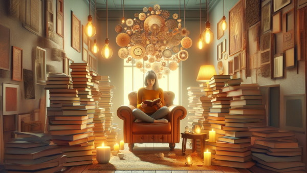 دختری در حال مطالعه کتاب در اتاقی نورانی و پر از کتاب‌های زیاد 