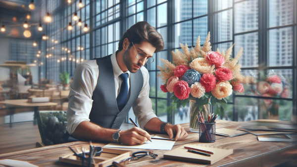 مردی در یک دفتر بسیار زیبا در حال نوشتن مطلب 