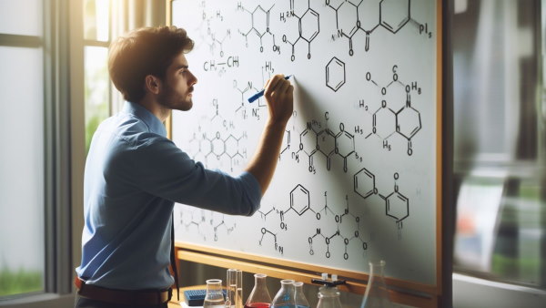 مردی فرمول مولکول‌های شیمیایی را روی تخته می‌نویسید