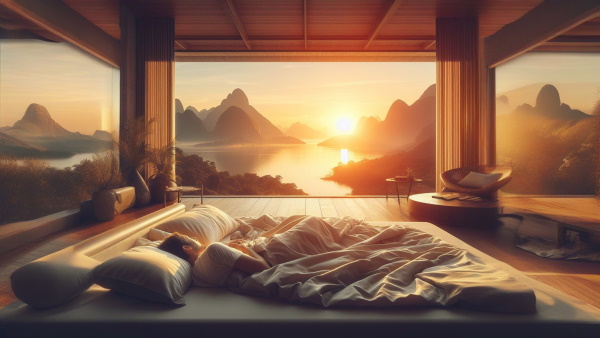 مردی در حال خوابیدن در یک اتاق بزرگ و زیبا که طلوع آفتاب نمایان است. 
