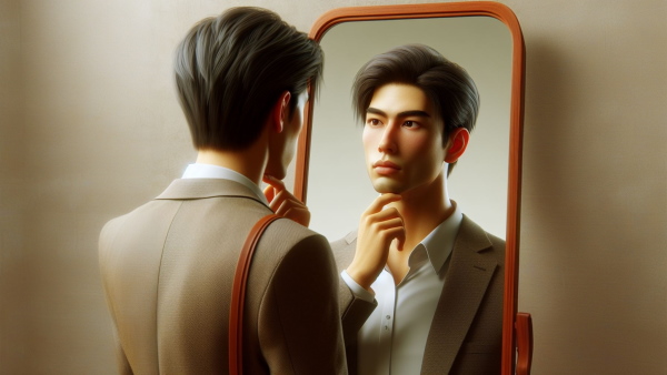 مردی با کیفی بر روی دوش در حال نگاه کردن به تصویر خود در آینه است. 
