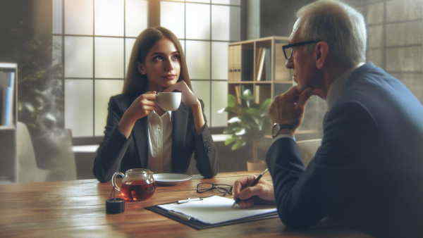 خانمی در حال خوردن قهوه و صحبت با مدیر خود در دفتر