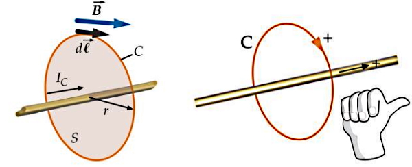 در دو حلقه سیم جهت جریان، میدان مغناطیسی و دست راست نشان داده شده‌اند.