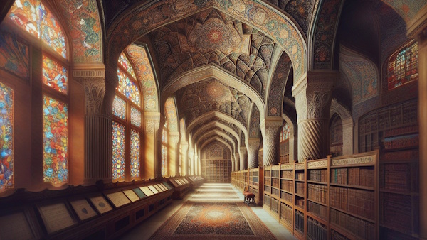 یک کتابخانه قدیمی با کتاب، فرش و معماری سنتی ایرانی