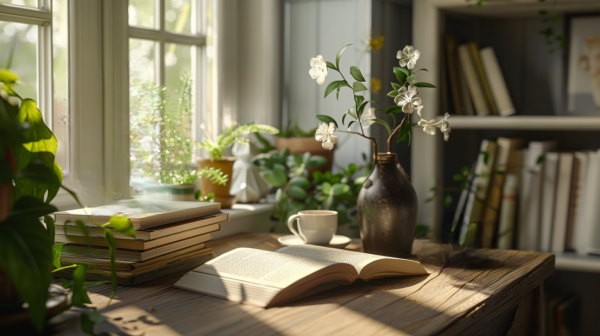 تصویر یک کتاب کنار گلدان و فنجان قهوه روی میز