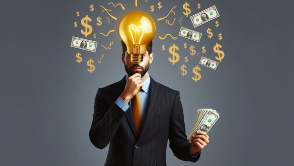 مردی کت و شلواری که در یک دست او پول و در دست دیگر لامپ به عنوان نماد نوآوری در کسب و کار در دست دارد- اصطلاحات استارتاپی