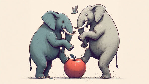 دو فیل در تلاش هستند روی سیب کوچکی بایستند - این تصویر مقدار فشار وارد شده لز طرف اتمسفر بر سیب روی زمین را نشان می دهد
