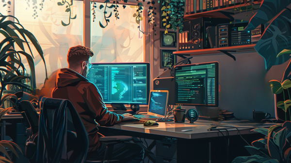 یک برنامه‌نویس در حال کار با کامپیوتر دز اتاقی پر از گلدان و فضای سبز