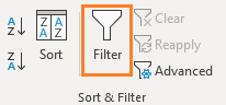 گزینه Filter در نوار ابزار بالایی اکسل
