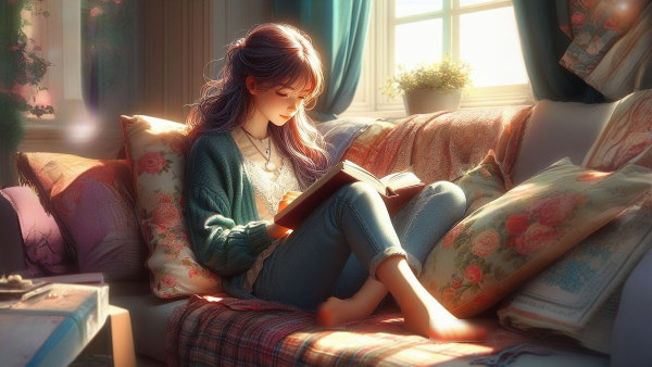 تصویر دختری در حال کتاب خواندن روی مبل