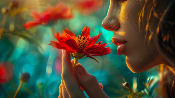 تصویر دختری در حال بوییدن گل
